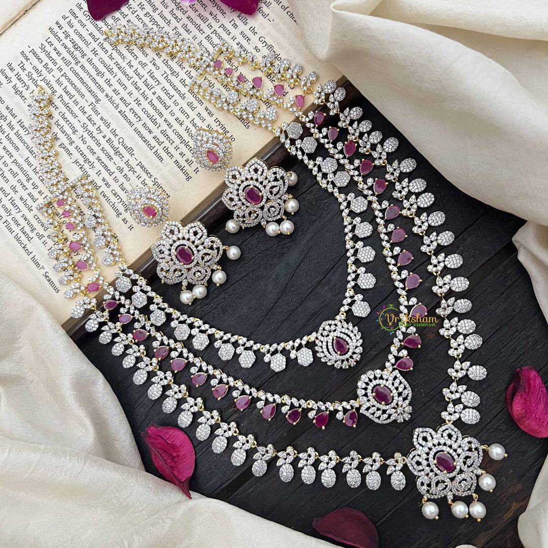 Vriksham Royal Red AD Stones 3 Layer Bridal Haram Neckpiece-G20220
