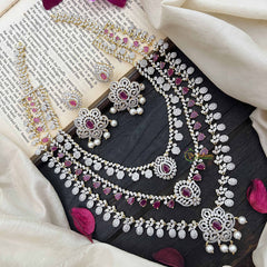 Vriksham Royal Red AD Stones 3 Layer Bridal Haram Neckpiece-G20220