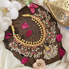 Vriksham Exquisite Jadau Kundan Lakshmi Pendant Short Neckpiece-Rice Pearls-Guttapusalu-J2822
