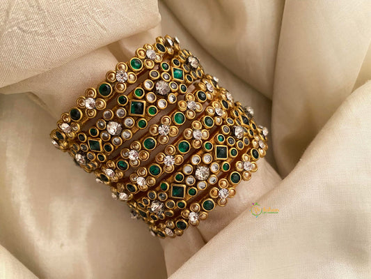 Kids Silk Thread Kundan Bangle Set-Green White-G12337