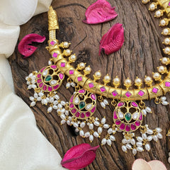 Vriksham Exquisite Jadau Kundan Lakshmi Pendant Short Neckpiece-Rice Pearls-Guttapusalu-J2822