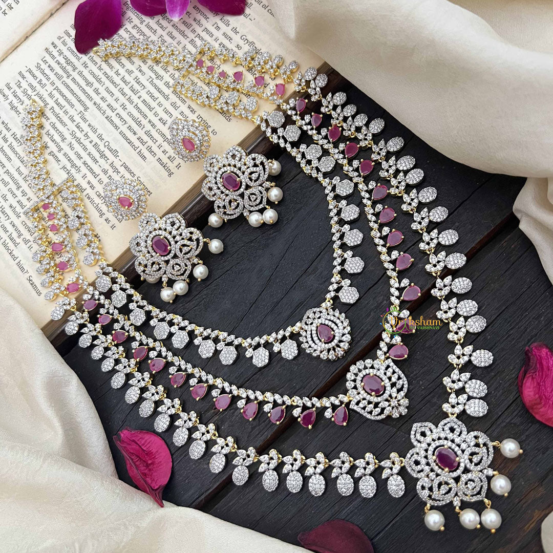 Vriksham Royal Red AD Stones 3 Layer Bridal Haram Neckpiece-G20220