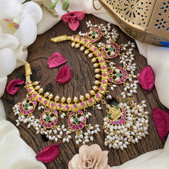 Vriksham Exquisite Jadau Kundan Lakshmi Pendant Short Neckpiece-Rice Pearls-Guttapusalu-J2822