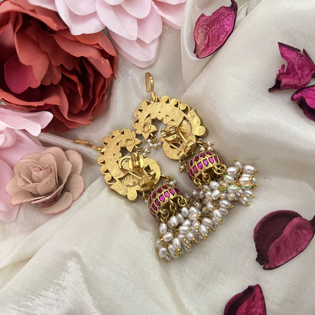 Vriksham Peacock Kundan Jadau Cuff Jhumka-Red Green & White-Rice Pearls-J3214