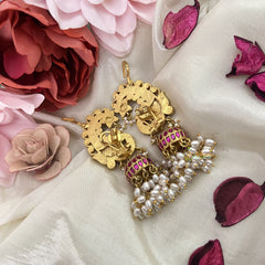 Vriksham Peacock Kundan Jadau Cuff Jhumka-Red Green & White-Rice Pearls-J3214