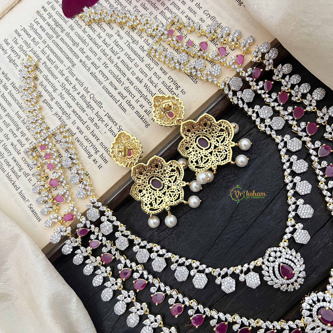 Vriksham Royal Red AD Stones 3 Layer Bridal Haram Neckpiece-G20220