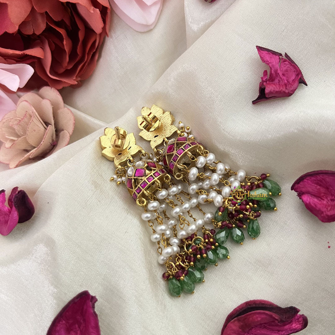 Vriksham Unique Floral Jadau Kundan Jhumka-Red Green-White & Aqua Green Beads-J3222