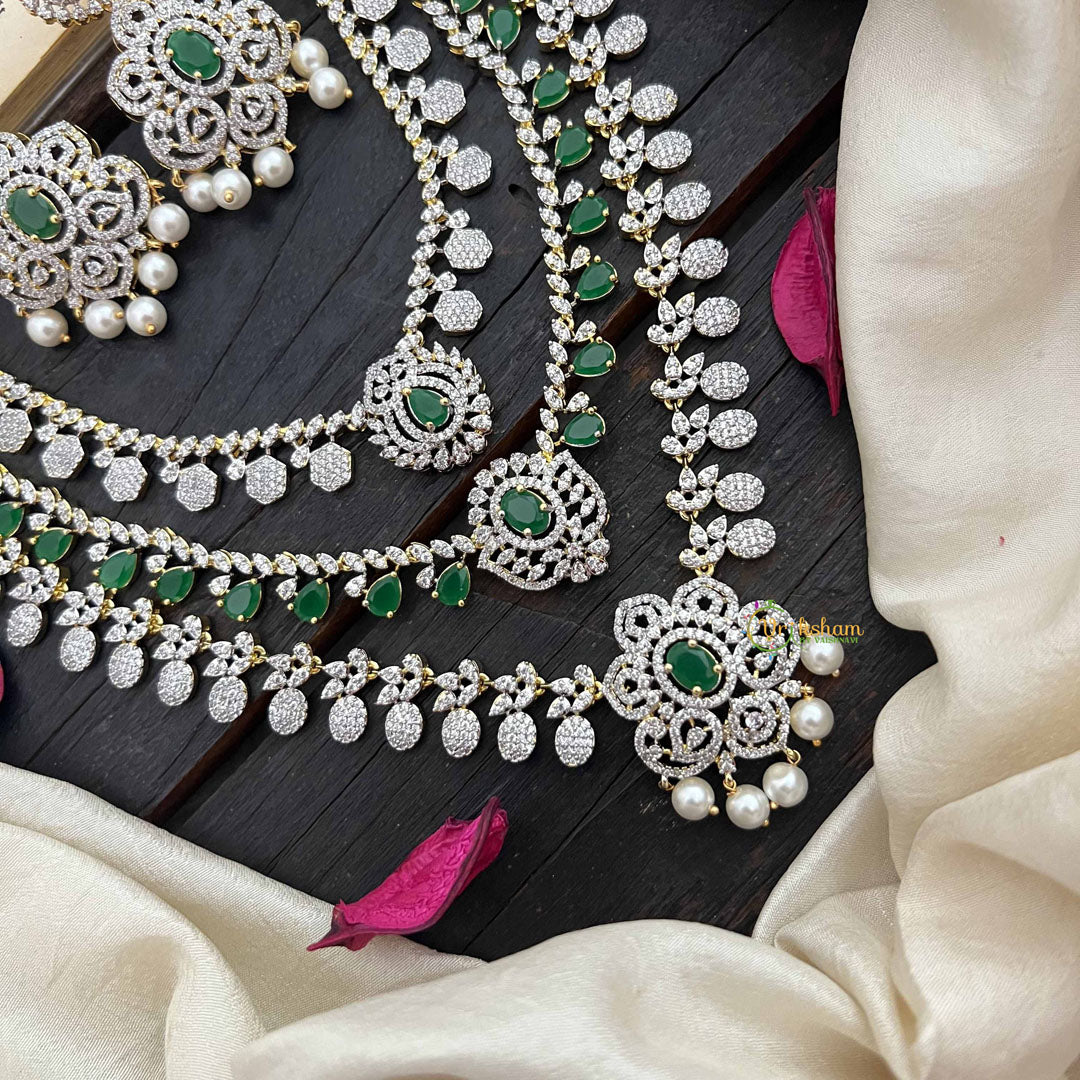 Vriksham Royal Green AD Stones 3 Layer Bridal Haram Neckpiece-G20221