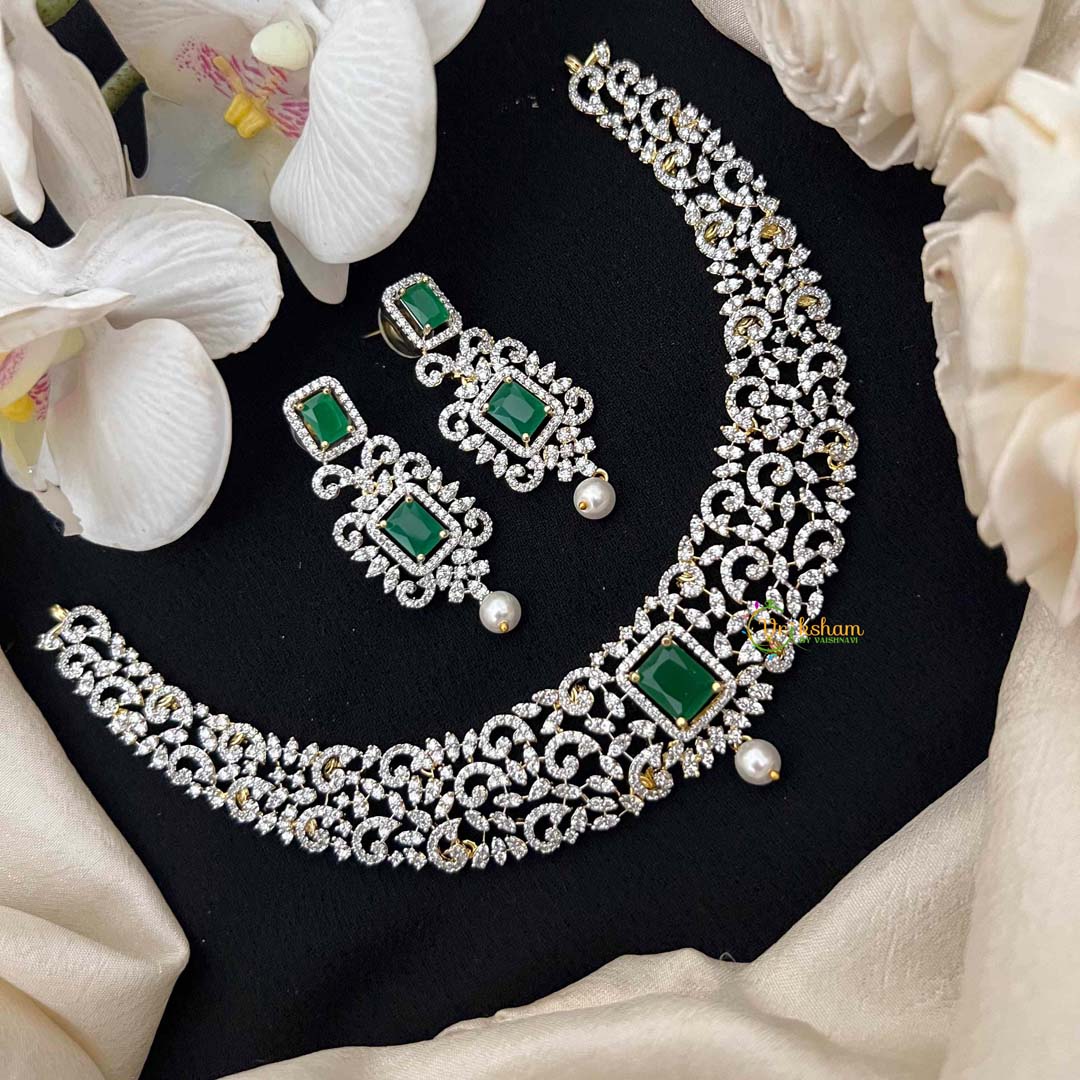 Vriksham Fuchsia Green-Cut Crystal Choker with Emerald-Cut Pendant Short Neckpiece-G21588