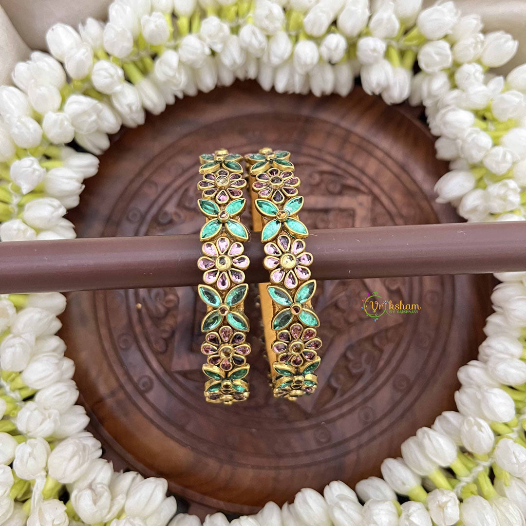 Vriksham Floral Festive Gold-Toned Crystal Bangles-Pitch & Green-G20927