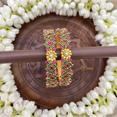 Vriksham Classic Swastik With Floral Golden Detailing  Style Bangles-Pink Green-G20932