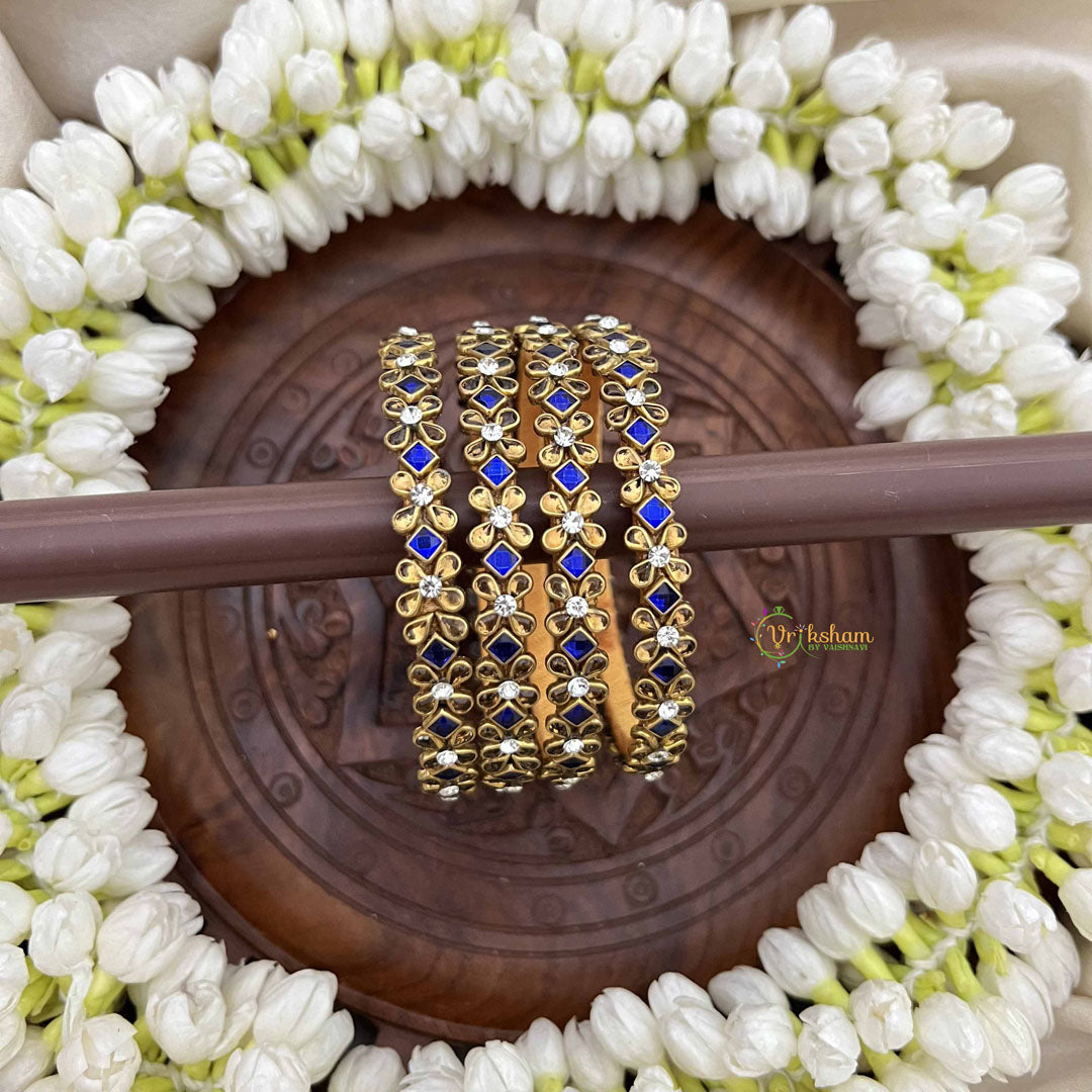 Vriksham Diagonal & Floral Style Silk Thread Kundan Bangles-Blue White-G20922