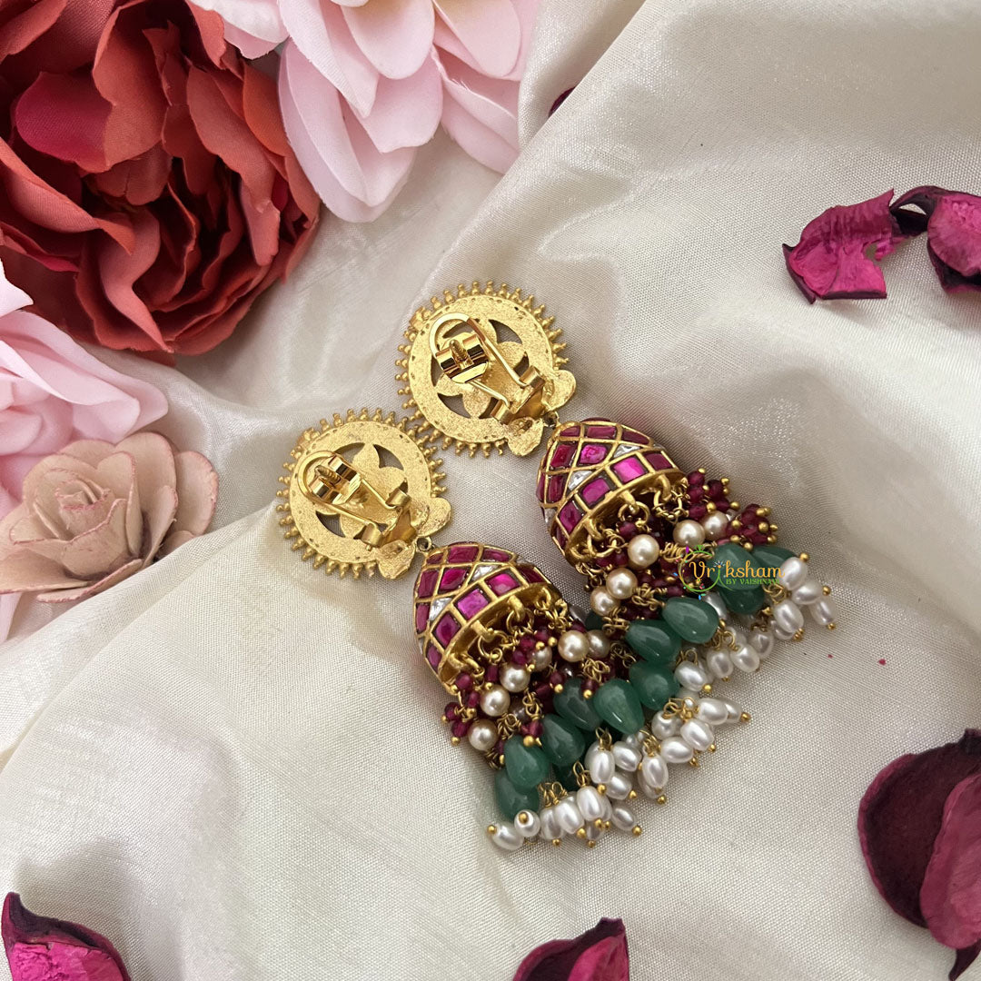 Vriksham Antique Floral Jadau Kundan Jhumka-Aqua Green Beads-Rice Pearls-J3225