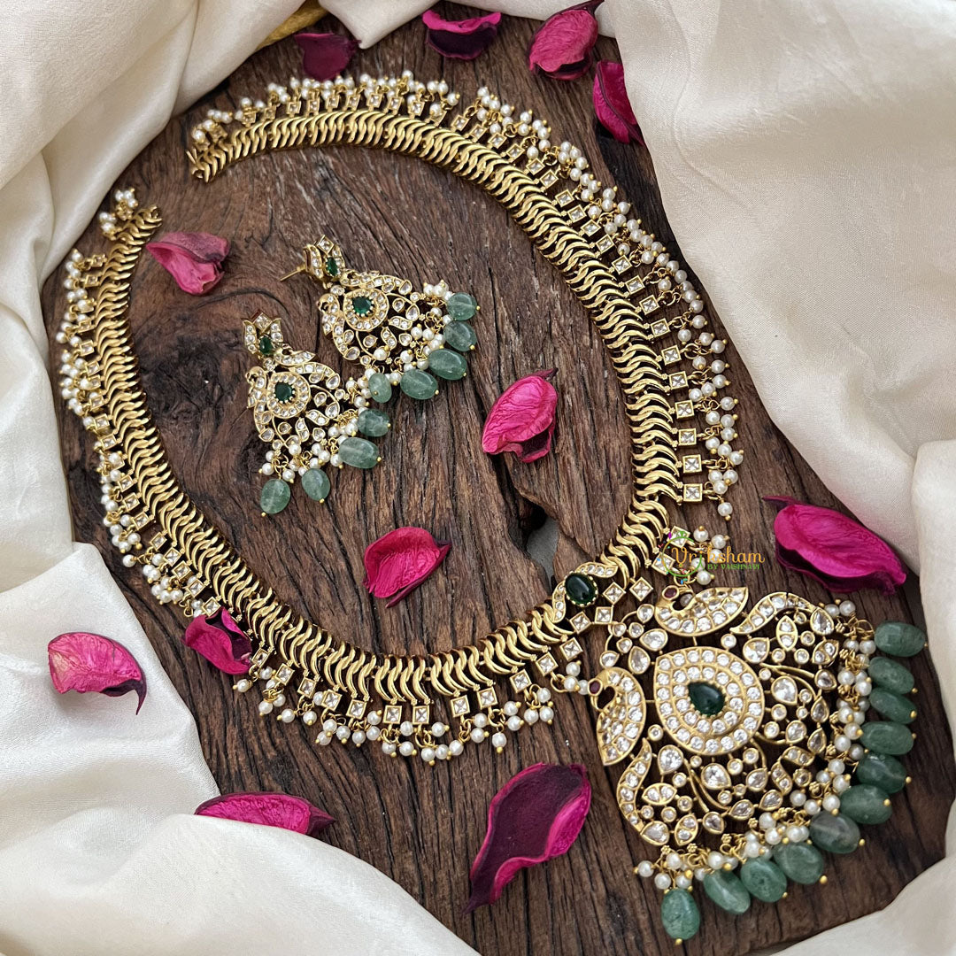Vriksham Designer Dual Peacock Gold Plated Long Neckpiece-Green Bead-G19143