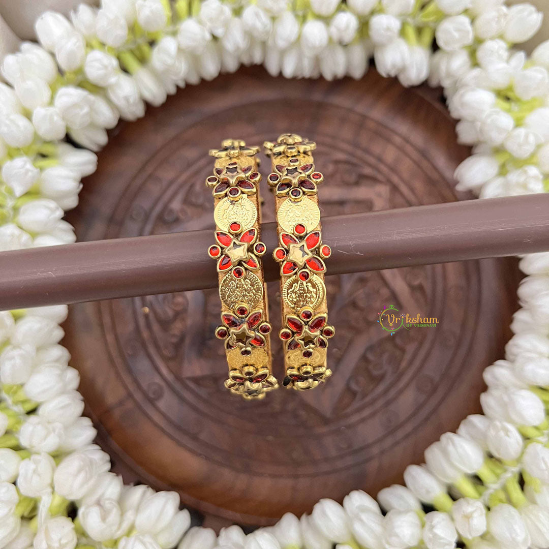 Vriksham Elegant Golden Lakshmi Coin With Red Floral Detailing Style Bangles-G20934