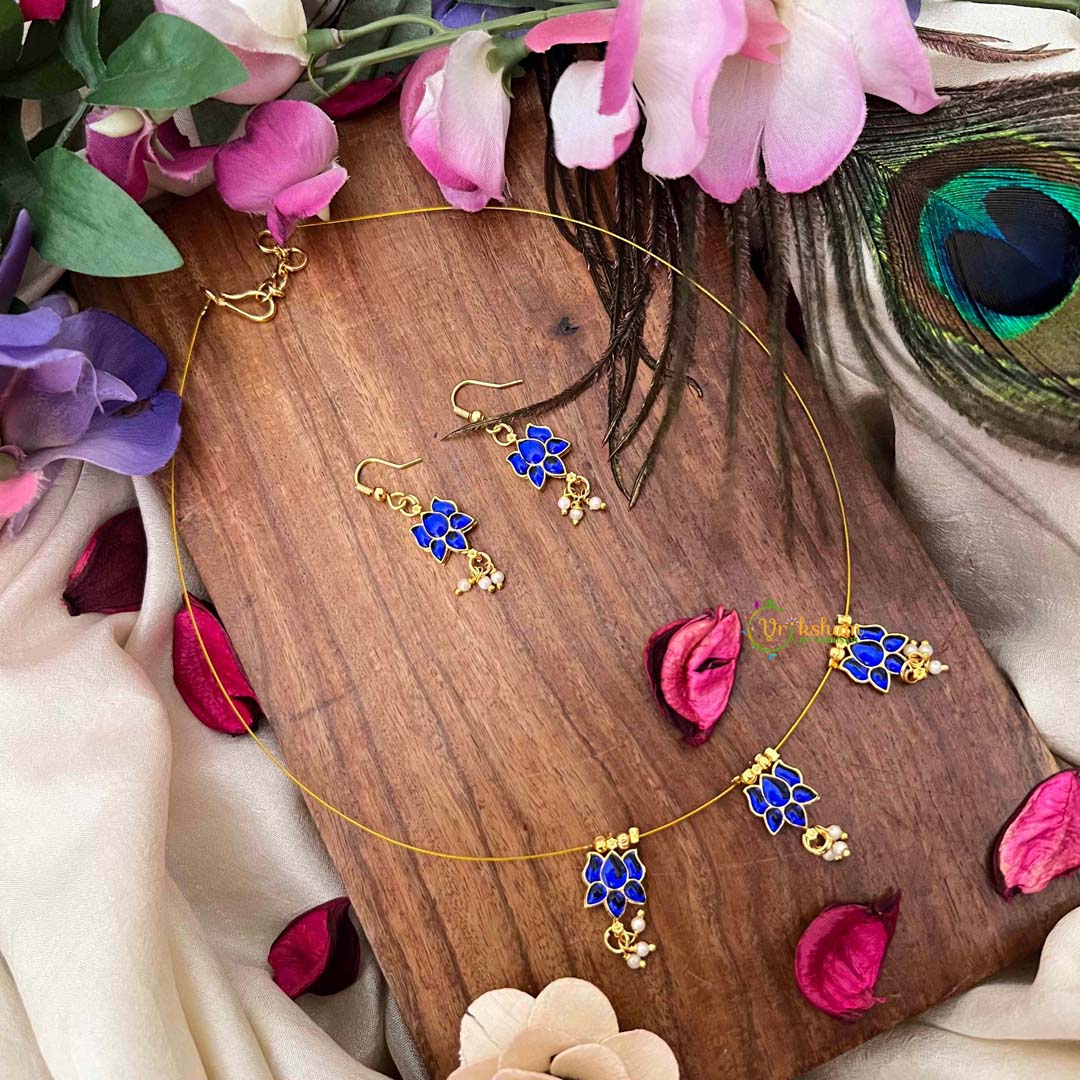 Vriksham Navy Blue Stone Lotus 3 Pendant Invisible Chain-Pearls-KG22266