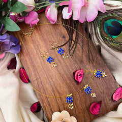 Vriksham Navy Blue Stone Lotus 3 Pendant Invisible Chain-Pearls-KG22266