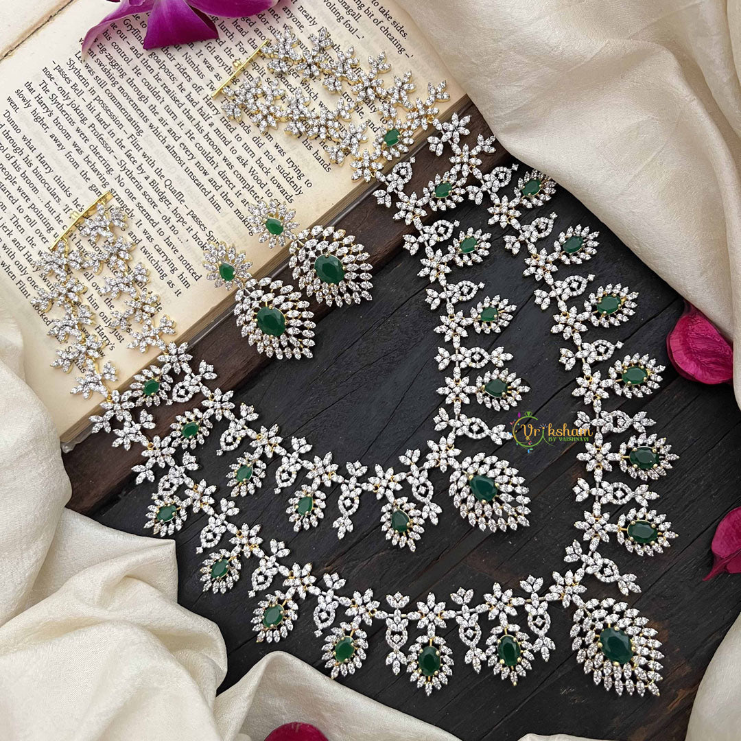 Vriksham Leaf Style Bridal 2 Layered American Diamond Haram-Green-G20223
