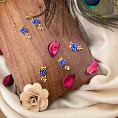 Vriksham Navy Blue Stone Lotus 3 Pendant Invisible Chain-Pearls-KG22266