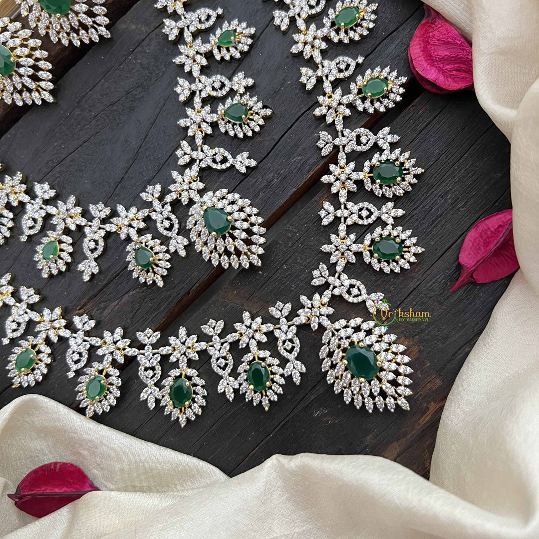 Vriksham Leaf Style Bridal 2 Layered American Diamond Haram-Green-G20223