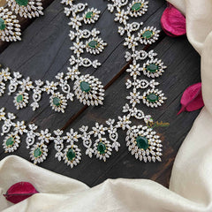 Vriksham Leaf Style Bridal 2 Layered American Diamond Haram-Green-G20223