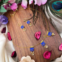 Vriksham Navy Blue Stone Lotus 3 Pendant Invisible Chain-Pearls-KG22266