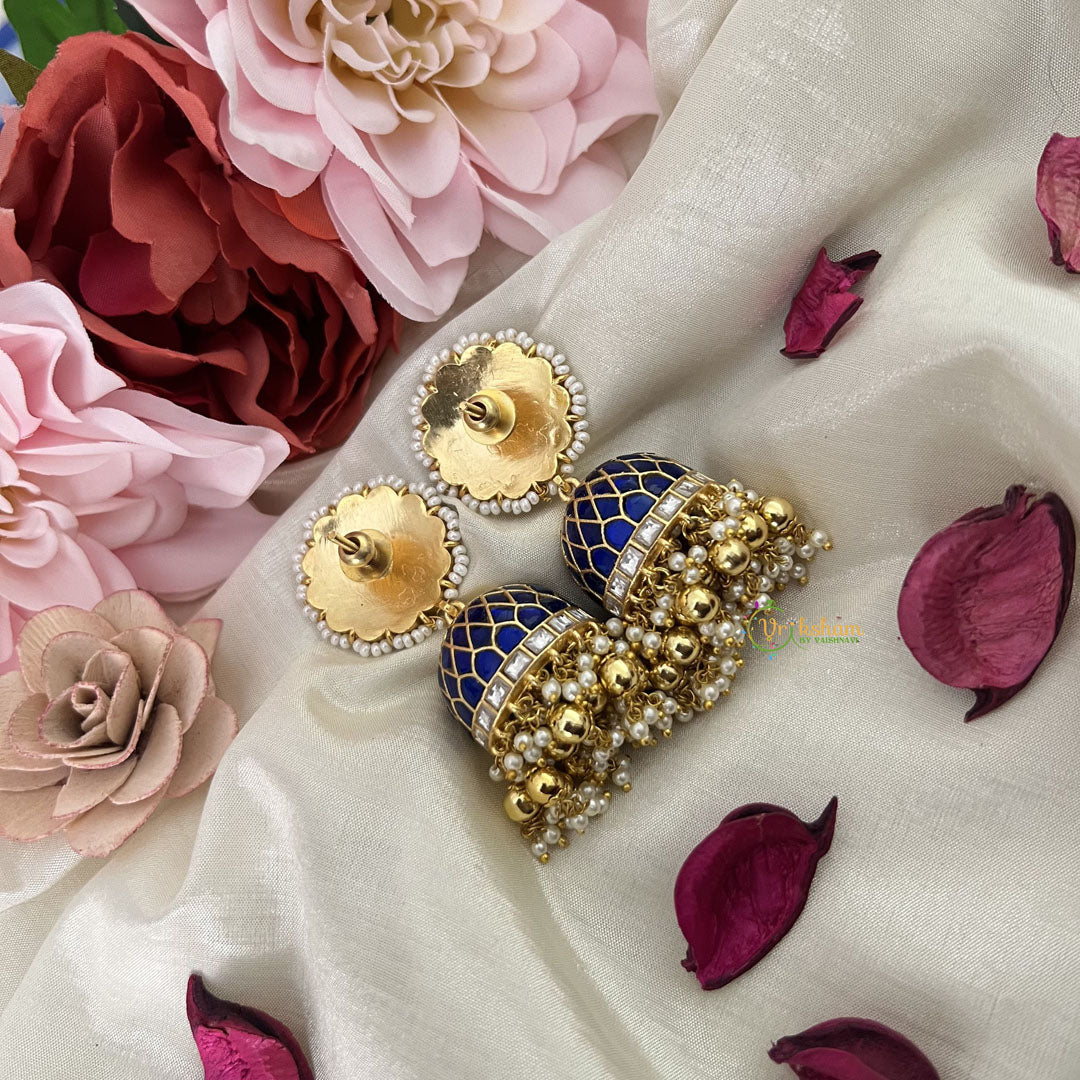 Vriksham Exquisite Jadau Kundan Jhumka-Blue-Gold Beads-Pearls-J3219