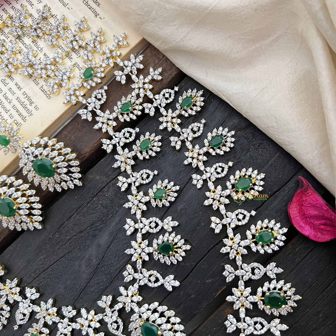Vriksham Leaf Style Bridal 2 Layered American Diamond Haram-Green-G20223