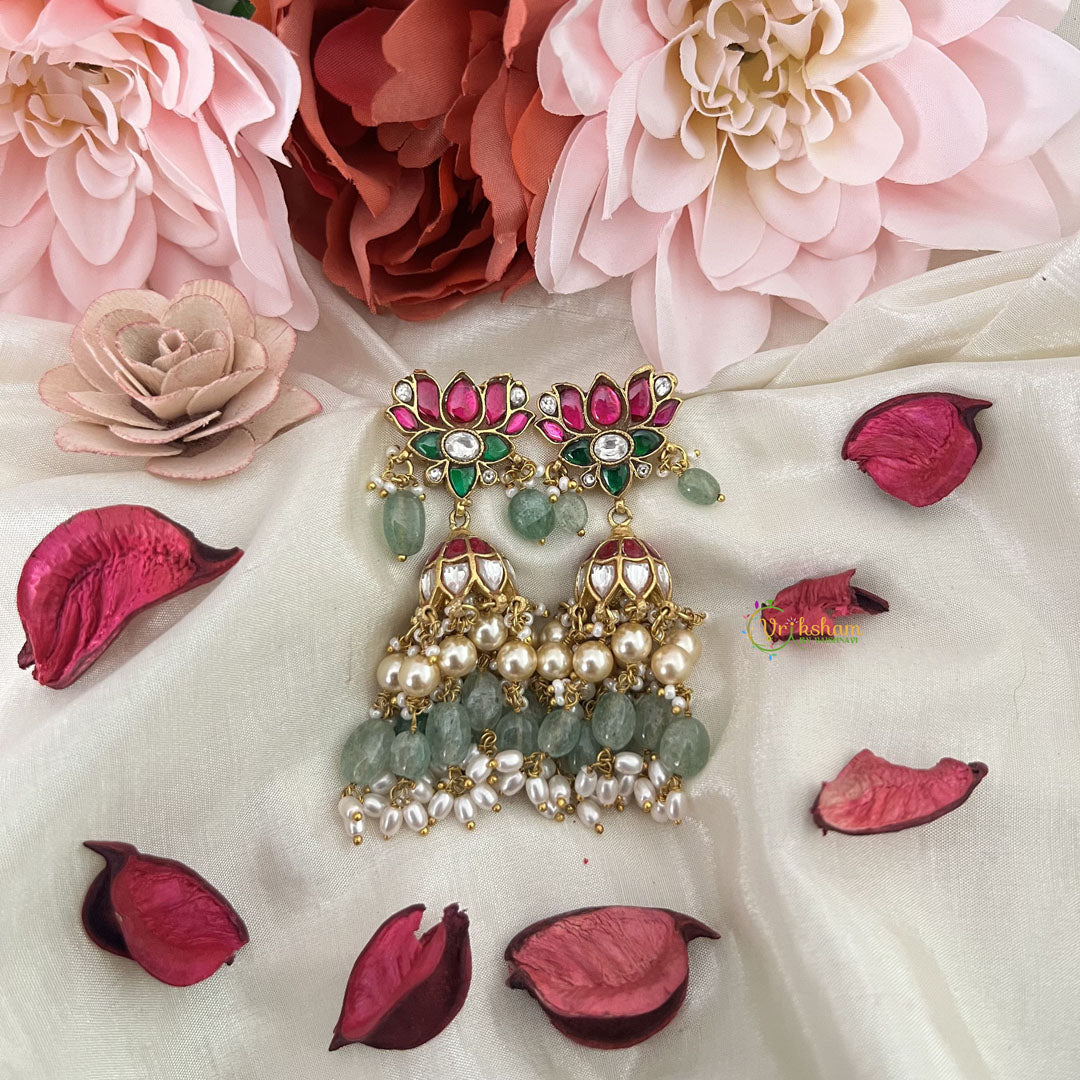 Vriksham Antique Lotus Jhumka-Aqua Green & Off White Beads-Rice Pearls-J3218