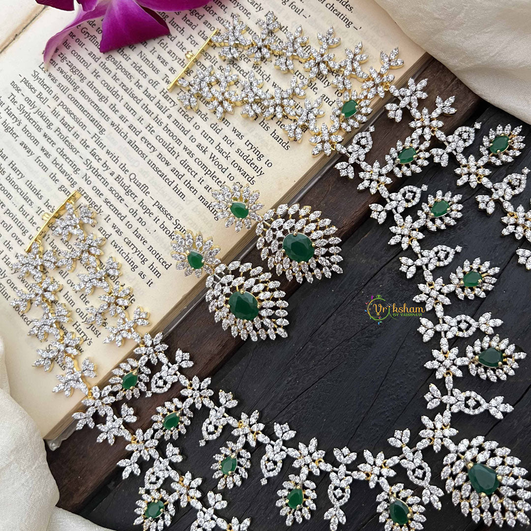 Vriksham Leaf Style Bridal 2 Layered American Diamond Haram-Green-G20223