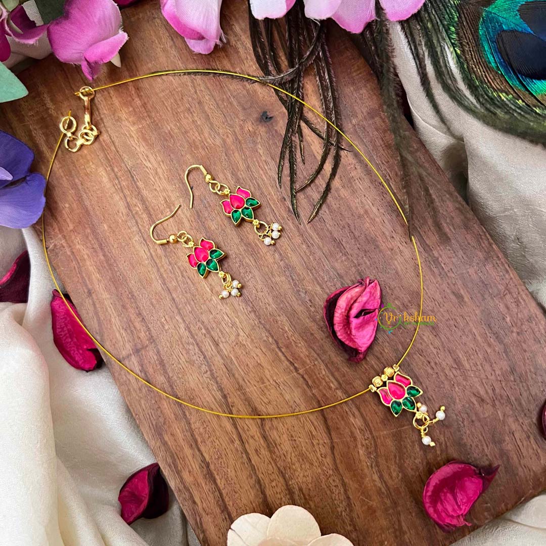 Vriksham Classic Red Green Stone Lotus Single Pendant Invisible Chain-Pearls-KG22268