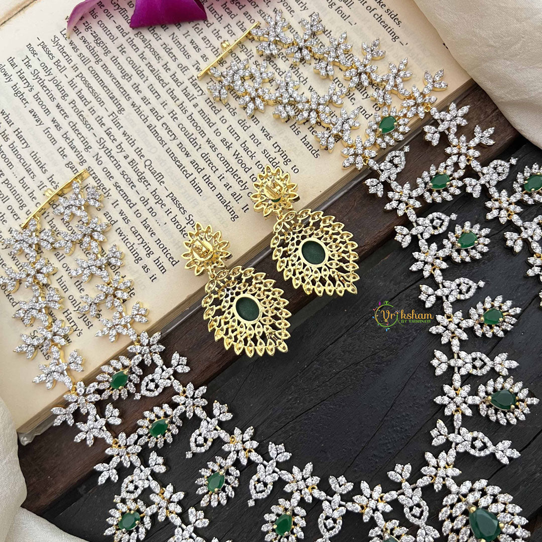Vriksham Leaf Style Bridal 2 Layered American Diamond Haram-Green-G20223