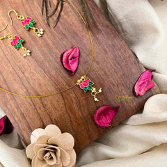 Vriksham Classic Red Green Stone Lotus Single Pendant Invisible Chain-Pearls-KG22268