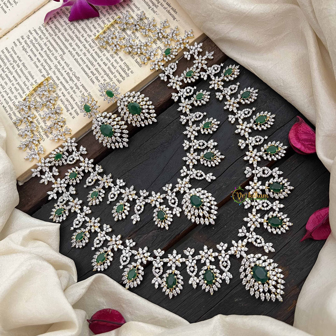Vriksham Leaf Style Bridal 2 Layered American Diamond Haram-Green-G20223