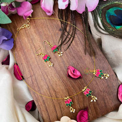 Vriksham Classic Red Green Stone Lotus 3 Pendant Invisible Chain-Pearls-KG22267