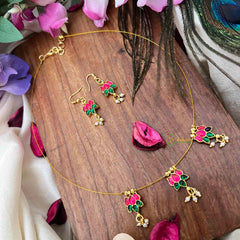 Vriksham Classic Red Green Stone Lotus 3 Pendant Invisible Chain-Pearls-KG22267