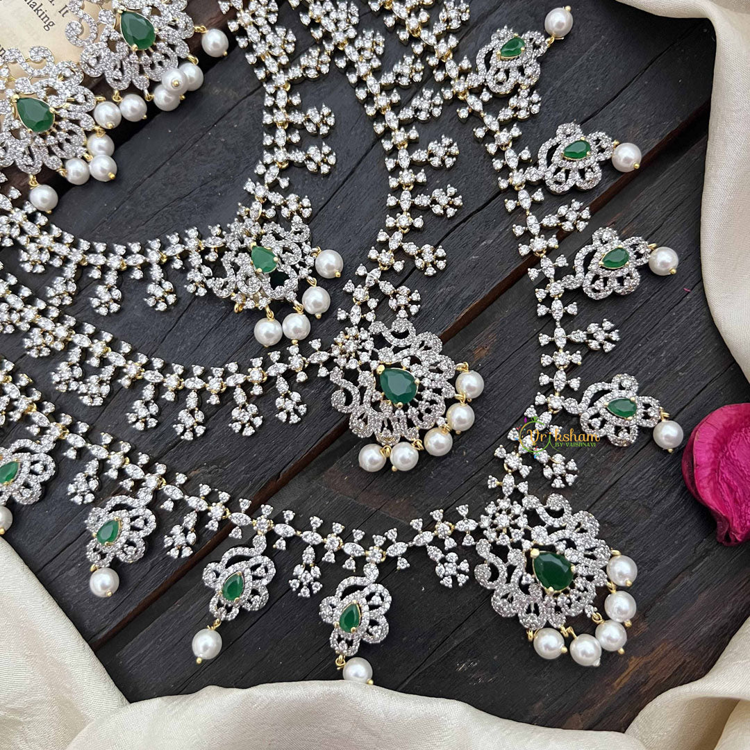 Vriksham Bridal Floral 3 Layer American Diamond Long Neckpiece-Green-Pearl-G20225