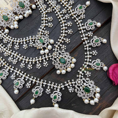 Vriksham Bridal Floral 3 Layer American Diamond Long Neckpiece-Green-Pearl-G20225