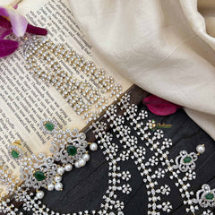 Vriksham Bridal Floral 3 Layer American Diamond Long Neckpiece-Green-Pearl-G20225