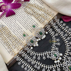 Vriksham Bridal Floral 3 Layer American Diamond Long Neckpiece-Green-Pearl-G20225
