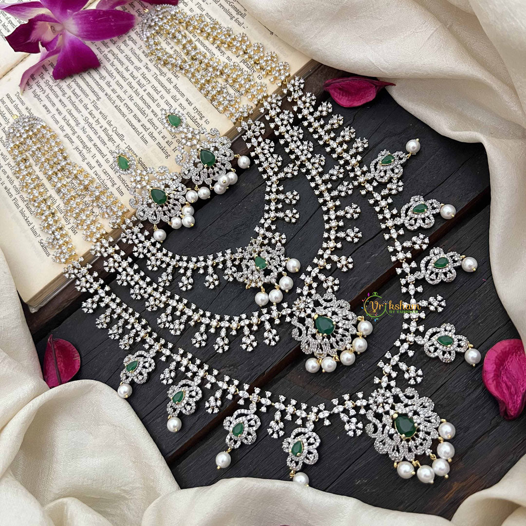 Vriksham Bridal Floral 3 Layer American Diamond Long Neckpiece-Green-Pearl-G20225
