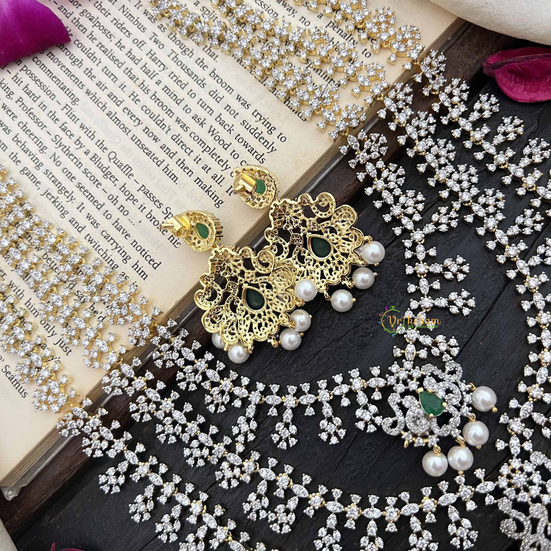 Vriksham Bridal Floral 3 Layer American Diamond Long Neckpiece-Green-Pearl-G20225