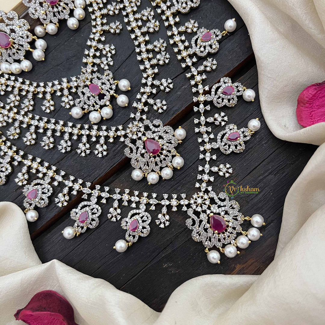 Vriksham Bridal Floral 3 Layer American Diamond Long Neckpiece-Red-Pearl-G20226