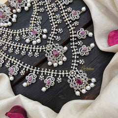 Vriksham Bridal Floral 3 Layer American Diamond Long Neckpiece-Red-Pearl-G20226