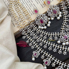 Vriksham Bridal Floral 3 Layer American Diamond Long Neckpiece-Red-Pearl-G20226