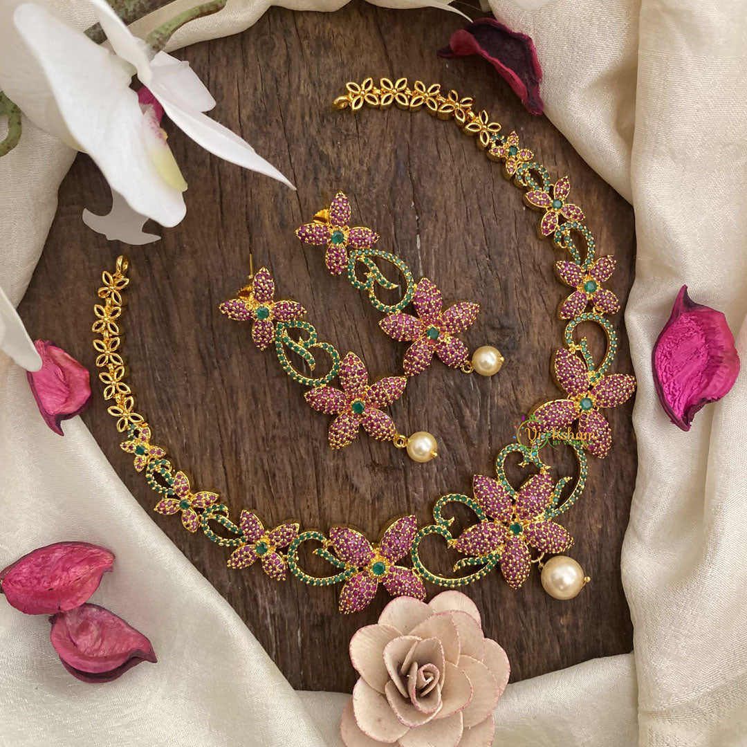 Vriksham American Diamond Floral Red Green Short Neckpiece-G16261
