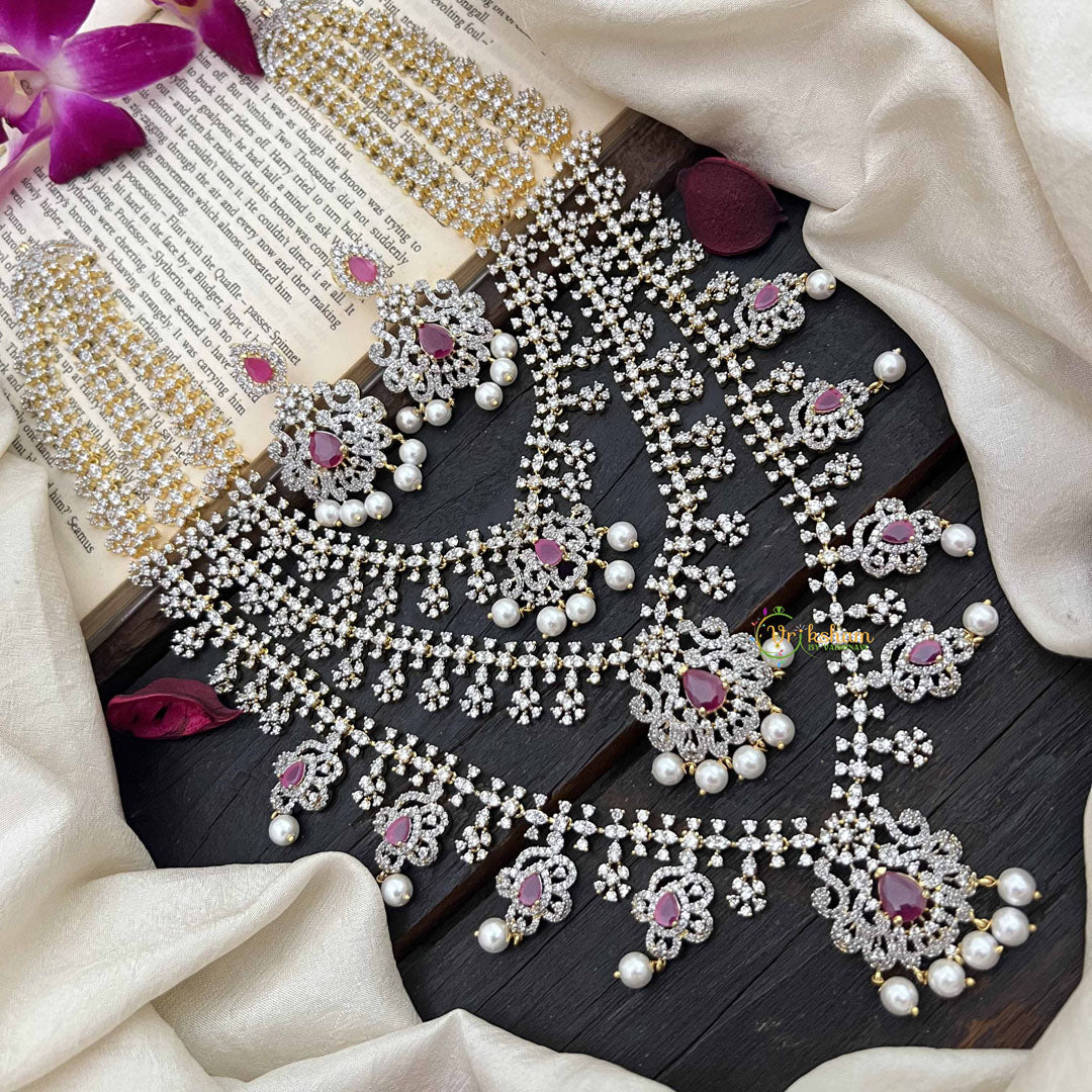 Vriksham Bridal Floral 3 Layer American Diamond Long Neckpiece-Red-Pearl-G20226