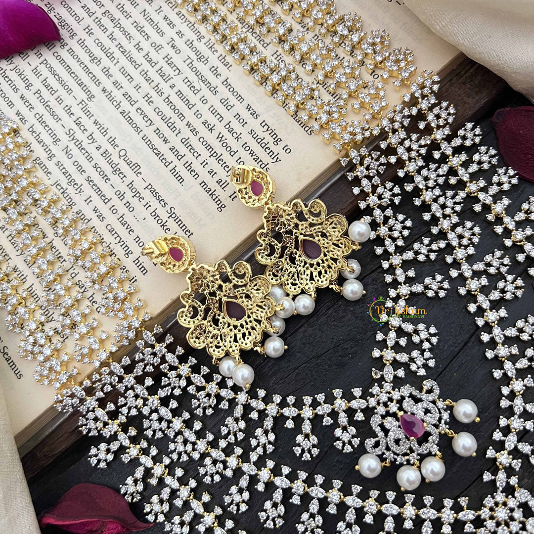 Vriksham Bridal Floral 3 Layer American Diamond Long Neckpiece-Red-Pearl-G20226