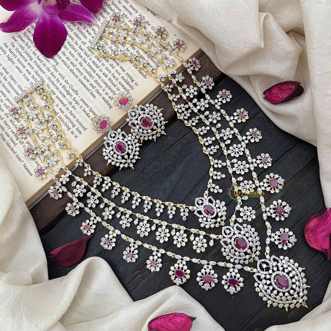 Vriksham Premium 3 Layer American Diamond Long Neckpiece-Red-G20227