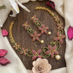 Vriksham American Diamond Floral Red Green Short Neckpiece-G16261